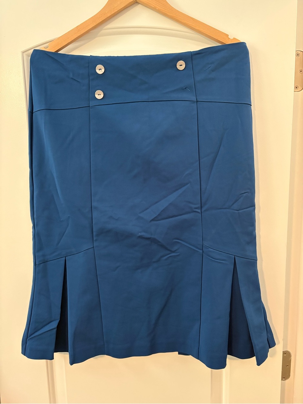 New York & Company Blue Midi A-Line Skirt with Button Detail